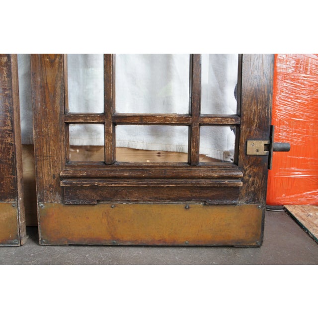 Set of 2 Reclaimed Mid-Century Oak Mission Craftsman Beveled Glass French Swing Double Doors For Sale - Image 12 of 12