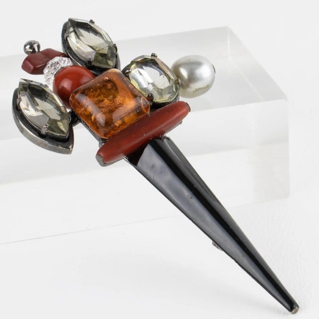 1980s Antigona Paris Black Enamel Metal Jeweled Barrette Brooch For Sale - Image 5 of 10