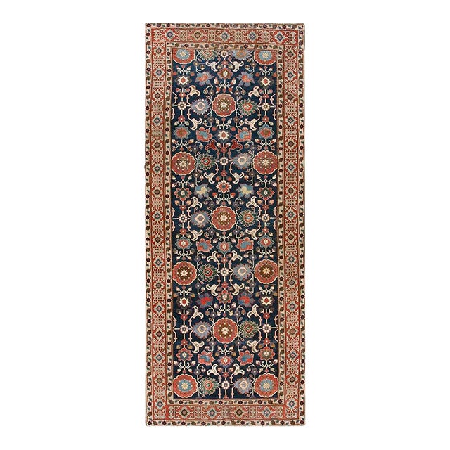 Captivating Blue Background With Elegantly Stylized Flowerheads Red Rust Antique Caucasian Afshan Kuba Rug For Sale