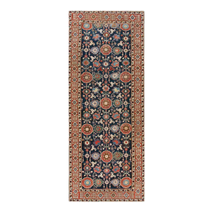 Captivating Blue Background With Elegantly Stylized Flowerheads Red Rust Antique Caucasian Afshan Kuba Rug