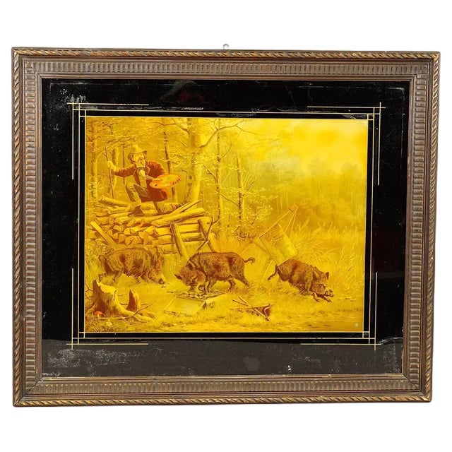 German Artist, Humoristic Scene Featuring Wild Boars and a Painter, Oil Print, Framed For Sale
