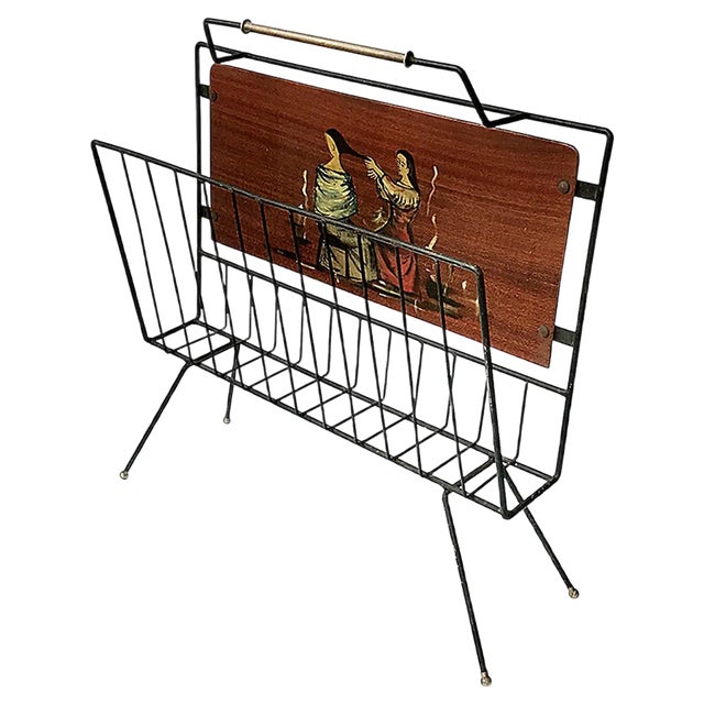 Enameled Iron and Painted Wood Magazine Rack, 1950s For Sale