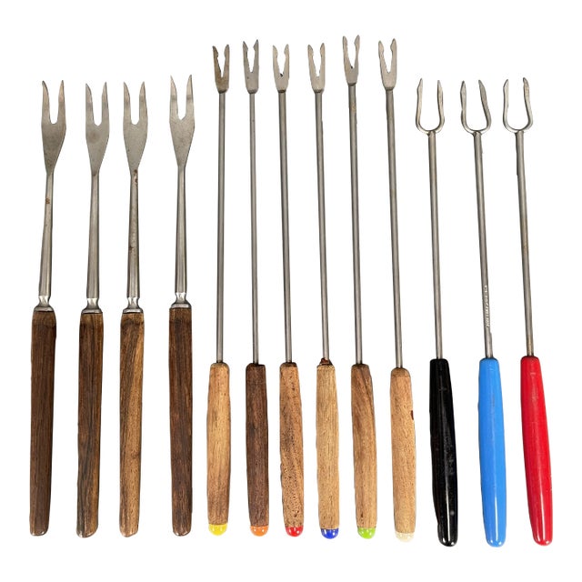 Vintage Mid-Century Modern Teak Wood Fondue Forks Inox France Perk Switzerland - Mixed Lot of 13 For Sale