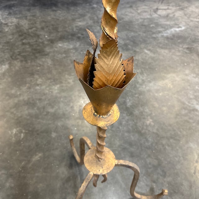 Metal Mid 20th Century Spanish Wrought Iron Floor Candlestick W/ Gold Wash For Sale - Image 7 of 12