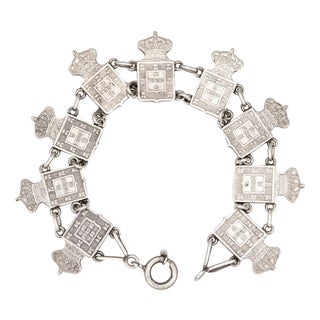 Vintage Portuguese Bracelet Royal Coat of Arms 833 Silver 7" Mid Century Jewelry For Sale