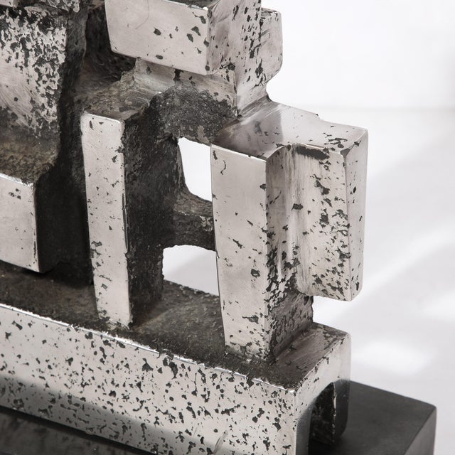 Brutalist Modernist Geometric Sculpture in Caste Stainless Signed Paul Mount For Sale - Image 13 of 13