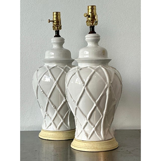 Vintage Glazed Ceramic Trellis Lamps - A Pair For Sale - Image 10 of 12