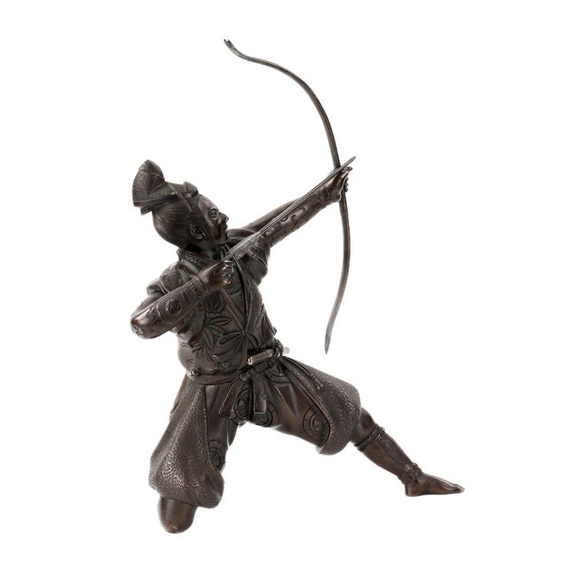 Magnificent, bronze figure of a Japanese Samurai archer with a longbow. Period: 19th century. The dynamic figure depicts...