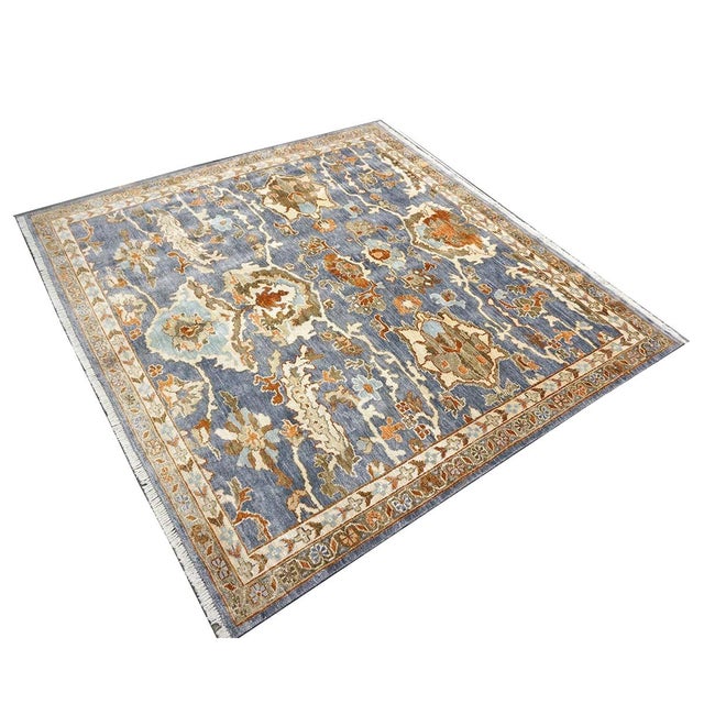 Textile Indian Sultanabad Silk 6x6 Blue, Orange & Ivory Handmade Square Area Rugs #1143145 For Sale - Image 7 of 14