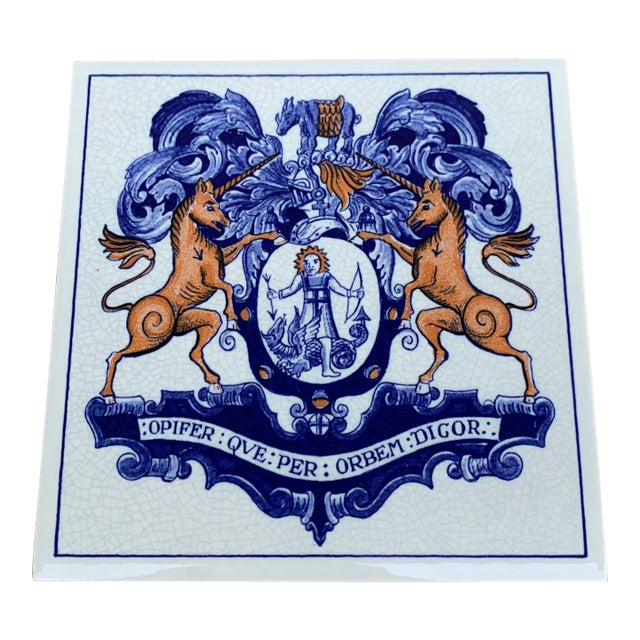 Dutch Delft Heraldic Tile in Blue and White For Sale