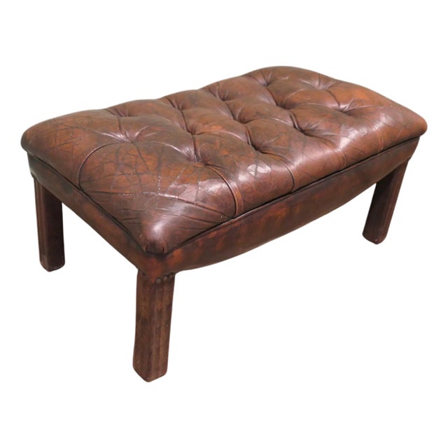 Buttoned Leather Chesterfield Library Stool, 1950s For Sale