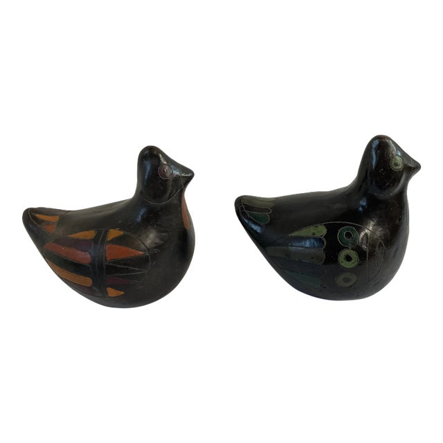 Vintage Mexican Blackware Pottery Birds - a Pair For Sale