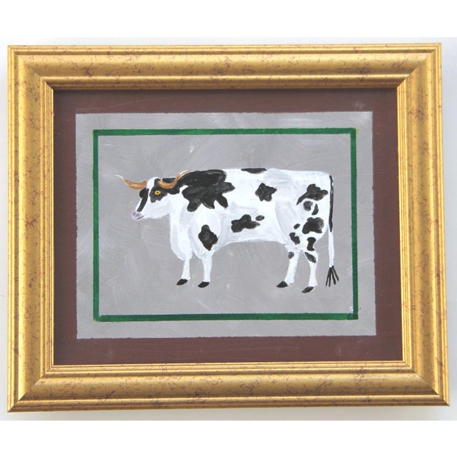 2020s Bull Cow Steer Minimalism Folk Art Original Oil Painting by Cleo Plowden - Set of 2 For Sale - Image 5 of 5