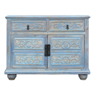 Oriental Floral Shabby Chic Rustic Light Blue High Credenza Cabinet For Sale