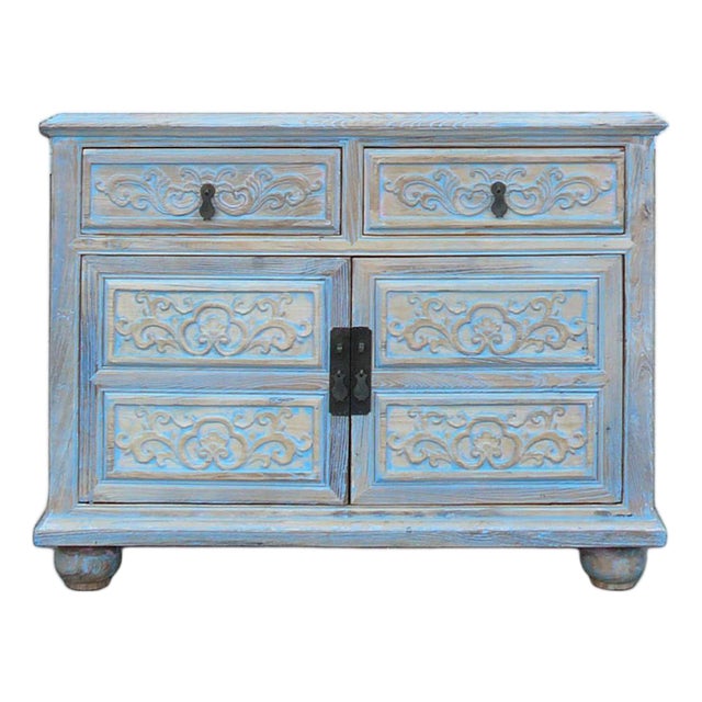 Oriental Floral Shabby Chic Rustic Light Blue High Credenza Cabinet For Sale