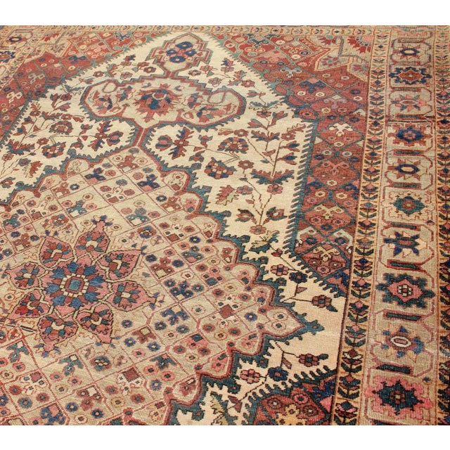 Antique Feraghan Sarouk Rug in Ivory Background, Brown Red, Camel, and Teal For Sale In Atlanta - Image 6 of 13