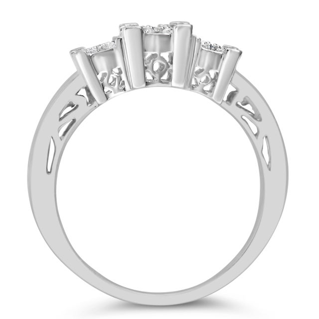 Early 21st Century 10K White Gold 1/2 Cttw Brilliant & Baguette Cut Diamond 3 Stone Design with 3 Square Clusters Engagement Ring (H-I Color, SI2-I1 Clarity) Size 6.75 For Sale - Image 5 of 7