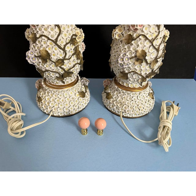 1950s Applied Floral Porcelain Tree of Life Lamps, Pair For Sale - Image 18 of 18