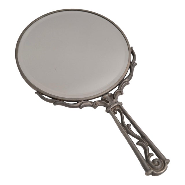 Swedish Grace Hand Mirror in Pewter with Decor, Sweden, 1937 For Sale