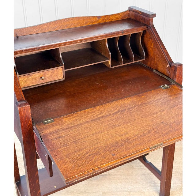 Brown Antique Arts & Crafts Quartersawn Oak Drop Front Secretary Desk For Sale - Image 8 of 15