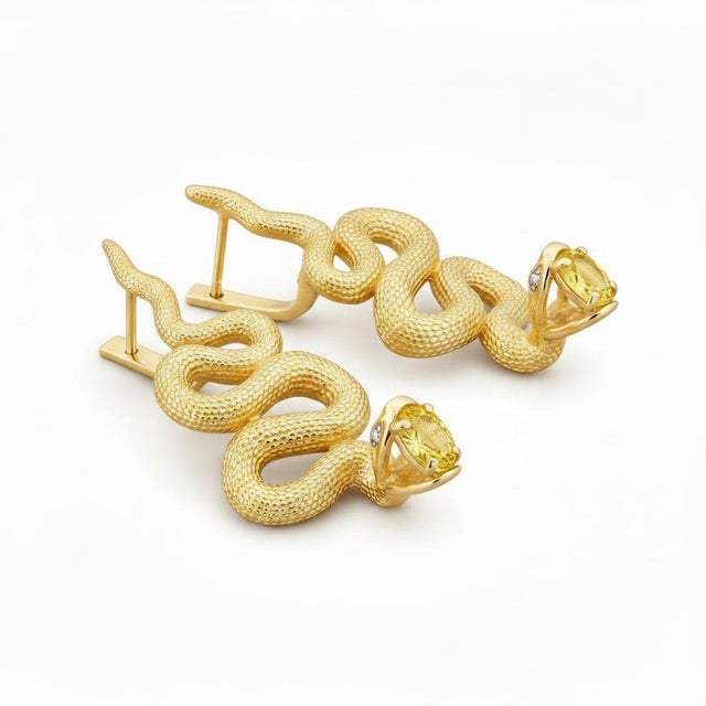 Modern Massive Snake Earrings With Citrines in Opened Mouth, Pair For Sale - Image 3 of 9