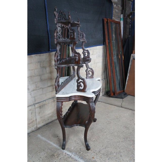 Antique Victorian Rosewood Marble Rococo Tiered Etagere Display Shelf For Sale - Image 4 of 12