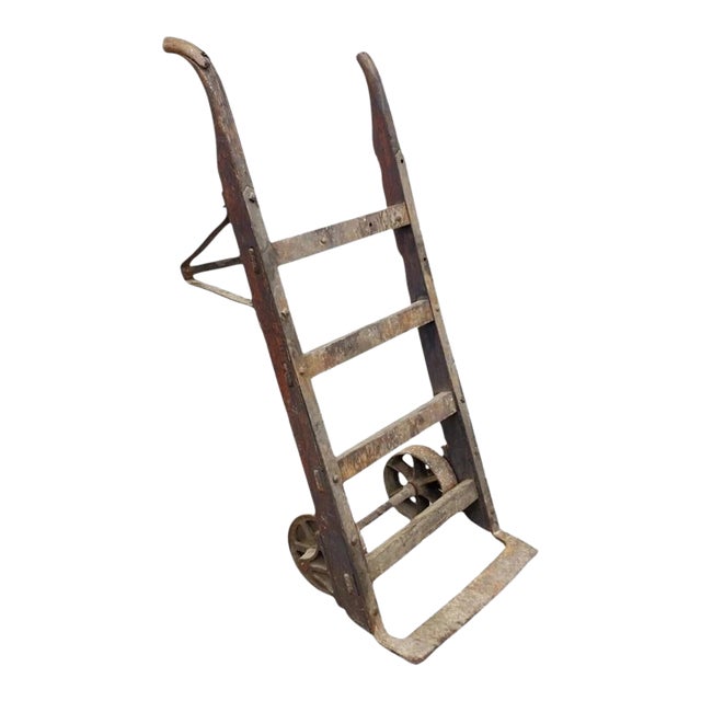 Antique Industrial Vintage Oak Wood and Steel Metal Factory Hand Truck For Sale