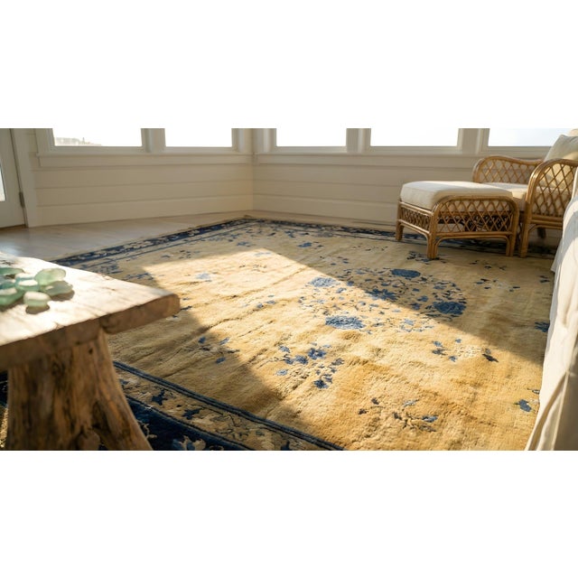 1920s Tan Camel Floral Medallion Antique Chinese Peking Rug 9' X 12' 5" Handknotted Wool Carpet For Sale - Image 9 of 9