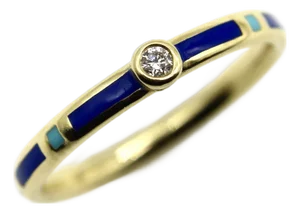 1990s 18k Gold Blue and Turquoise Enameled Ring With Diamond Accent, Size 6.5