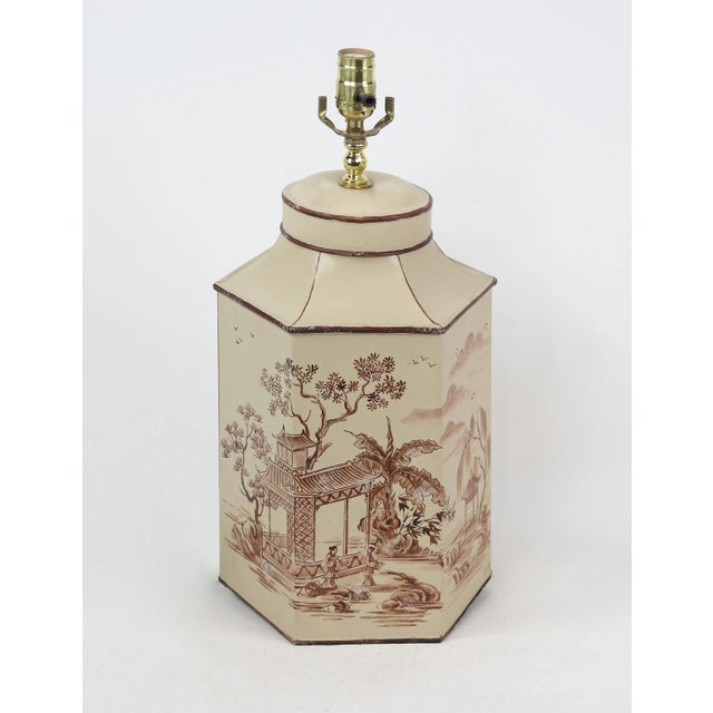Cream Vintage English Export Tea Caddy Hand-Painted Colored Chinoiserie Table Lamp.retro Hexagon Lamp For Sale - Image 8 of 8