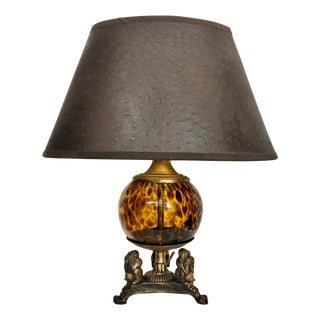 Vintage Newly Painted Distressed Gold Three Wise Monkeys With Faux Tortoise Globe Petite Table Lamp With Shade For Sale
