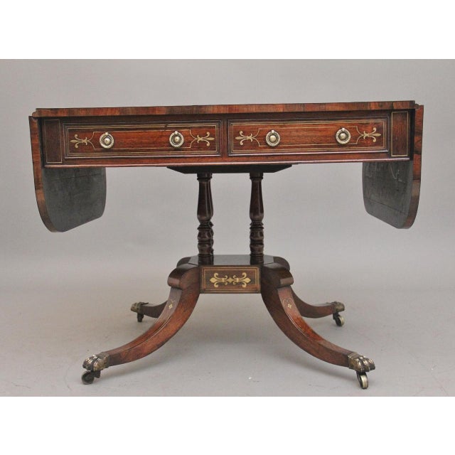 Brown Regency Rosewood and Brass Inlaid Sofa Table, 1820s For Sale - Image 8 of 15