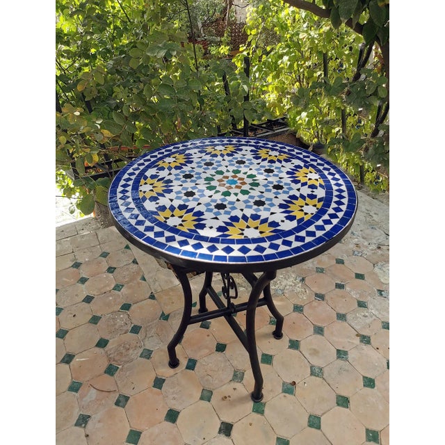 Round Blue Yelow Mosaic Table Moroccan Craftsheep For Sale - Image 6 of 6