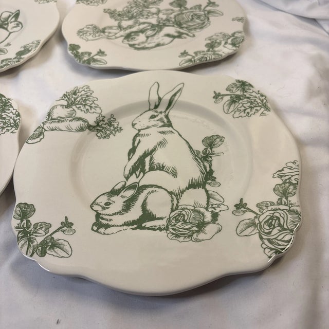 1990s 1990s Green Bunny Toile Salad 9.5” Plates With Vegetables Andrea by Sadek-Set of 4 For Sale - Image 5 of 7