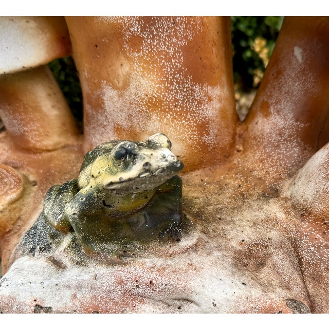 Terra Cotta Cast Stone Mushroom Toadstool Garden Sculpture With Frog For Sale - Image 8 of 12