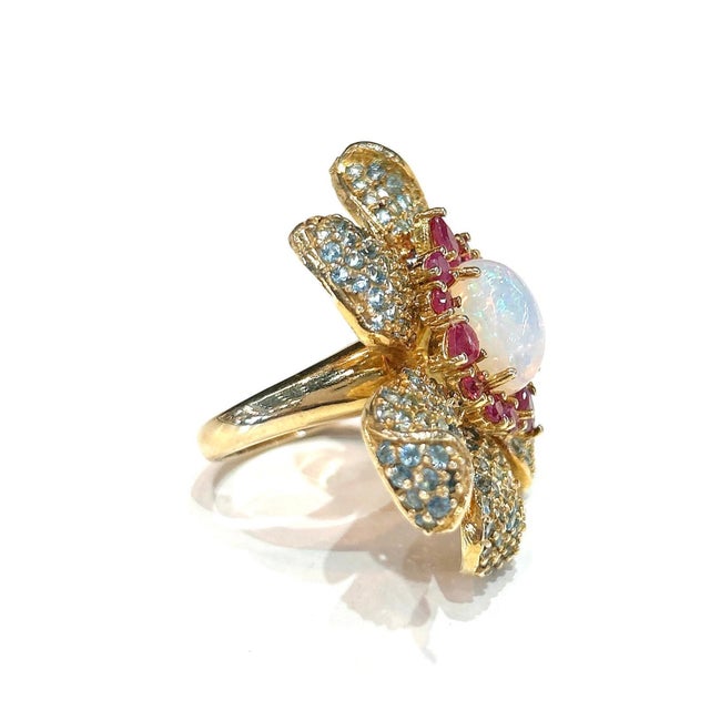 Ruby Red Bochic "Capri" Ruby, Fire Opal & Blue Topaz Flower Ring Set 18K Gold & Silver For Sale - Image 8 of 12