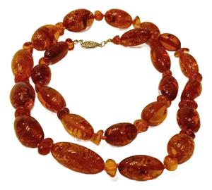 24" Ladies Baltic Amber Necklace. Oval Cylinder Shape. Brand-New Exclusive Design. 14k Gold Clasp.