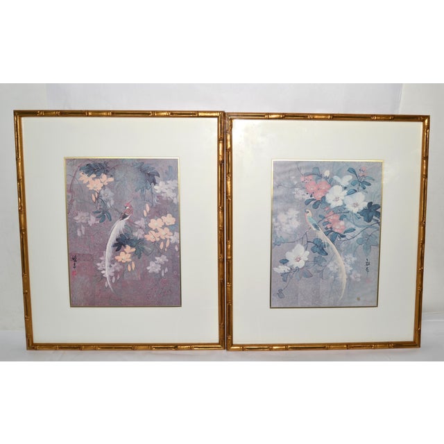 Signed matching Pair chinoiserie hand painted stunning bird scene on parchment paper and custom framed in a gilt Bamboo...