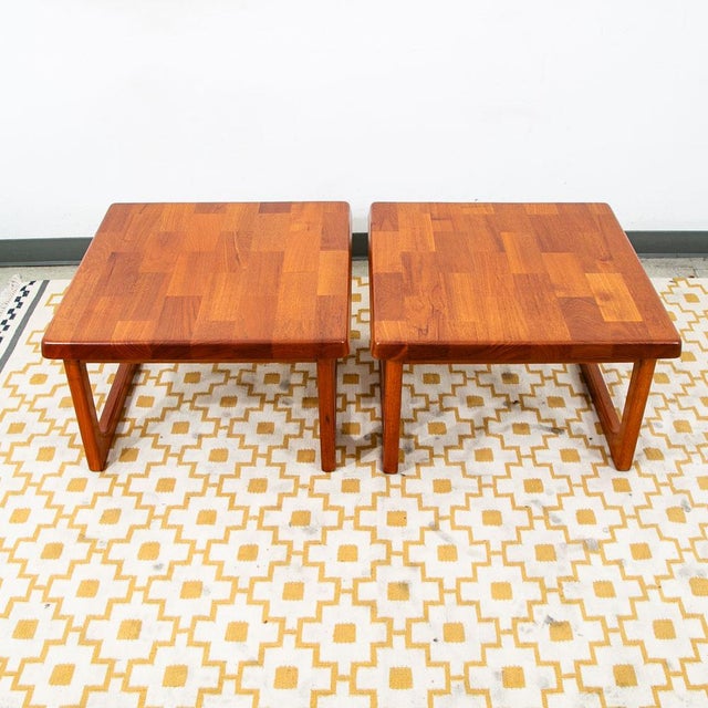 Solid teak butcher block style square end tables by Niels Bach for Randers, Denmark. Rarely seen in a matching set and in...