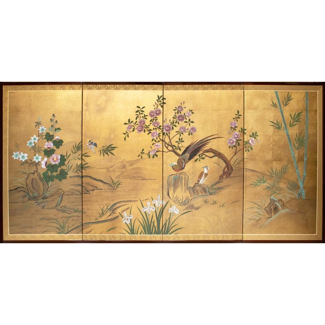 "Small Flowers and Golden Pheasant" by Kokei, Heisei Era Japanese Gold Leaf Style Painted Byobu Screen For Sale - Image 18 of 18