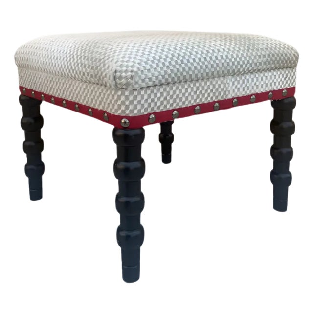 Bunny Williams Red Tape Stool in Natural Woven Cowhide With Ebony Legs For Sale
