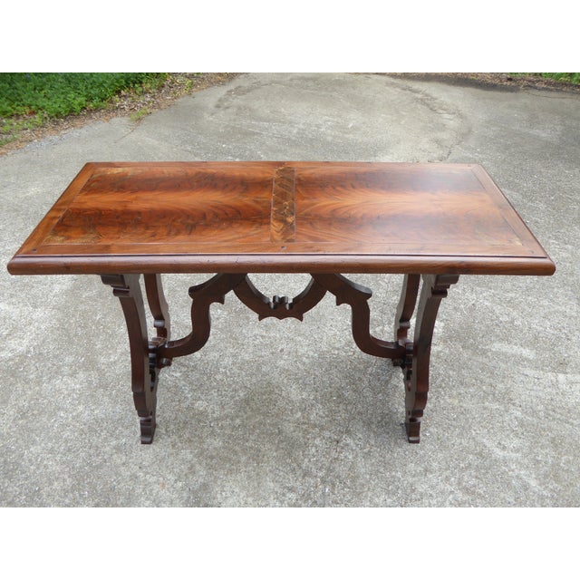 Splendid Spanish [Goya] console / sofa tbl. Rich European solid walnut with flaming burl and marbling grain. An ideal...