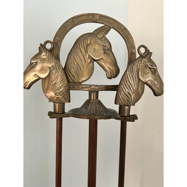 Rustic Solid Brass Fireplace Tools with Horse Head Handles & Stand - Set of 3 For Sale - Image 3 of 12