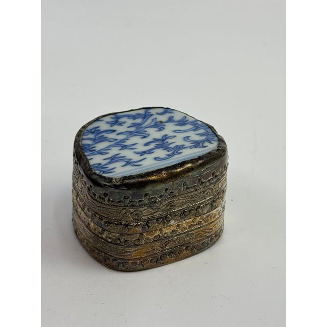 1960s 1960s Vintage Chinese Hand Painted Figure Porcelain Chard Embossed Silver Trinket Box For Sale - Image 5 of 6