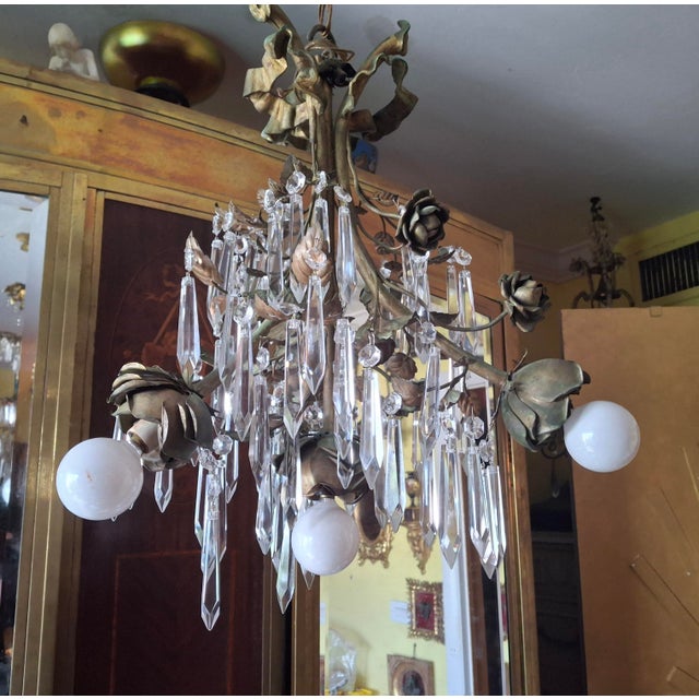 1940s Hollywood Regency Gilt & Verdigris Bronze/ Tole/ Crystal Pendant Chandelier For Sale - Image 10 of 12