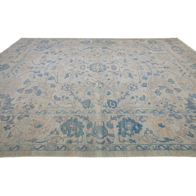 Mid-Century Modern Beige Contemporary Floral Oushak Style Wool Rug For Sale - Image 3 of 7