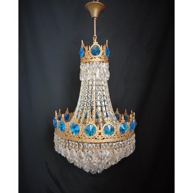 Art Deco Vintage Brass Aqua Blue Crystal Chandelier For Sale - Image 3 of 12