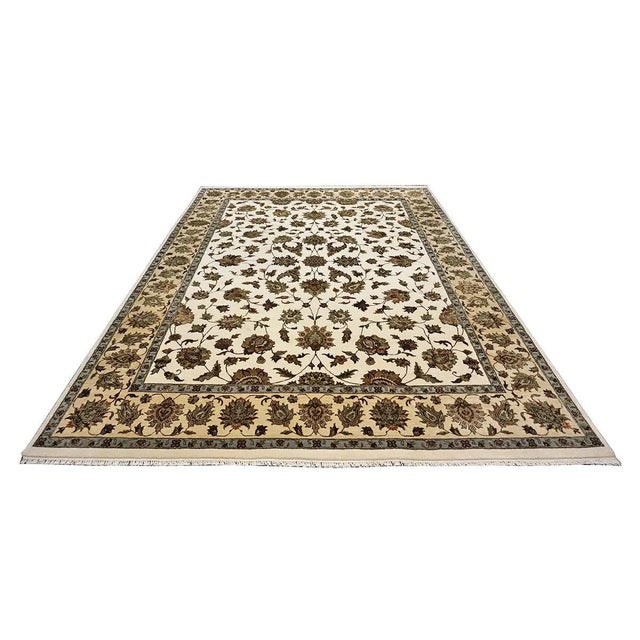 Indian Tabriz Wool & Silk 9x12 White Ivory, Tan, Blue, & Green Handmade Area Rug #1144267
