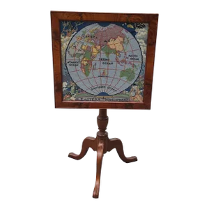 Early 20th Century Mahogany Tilt Top Needlepoint Hemisphere Inset Table