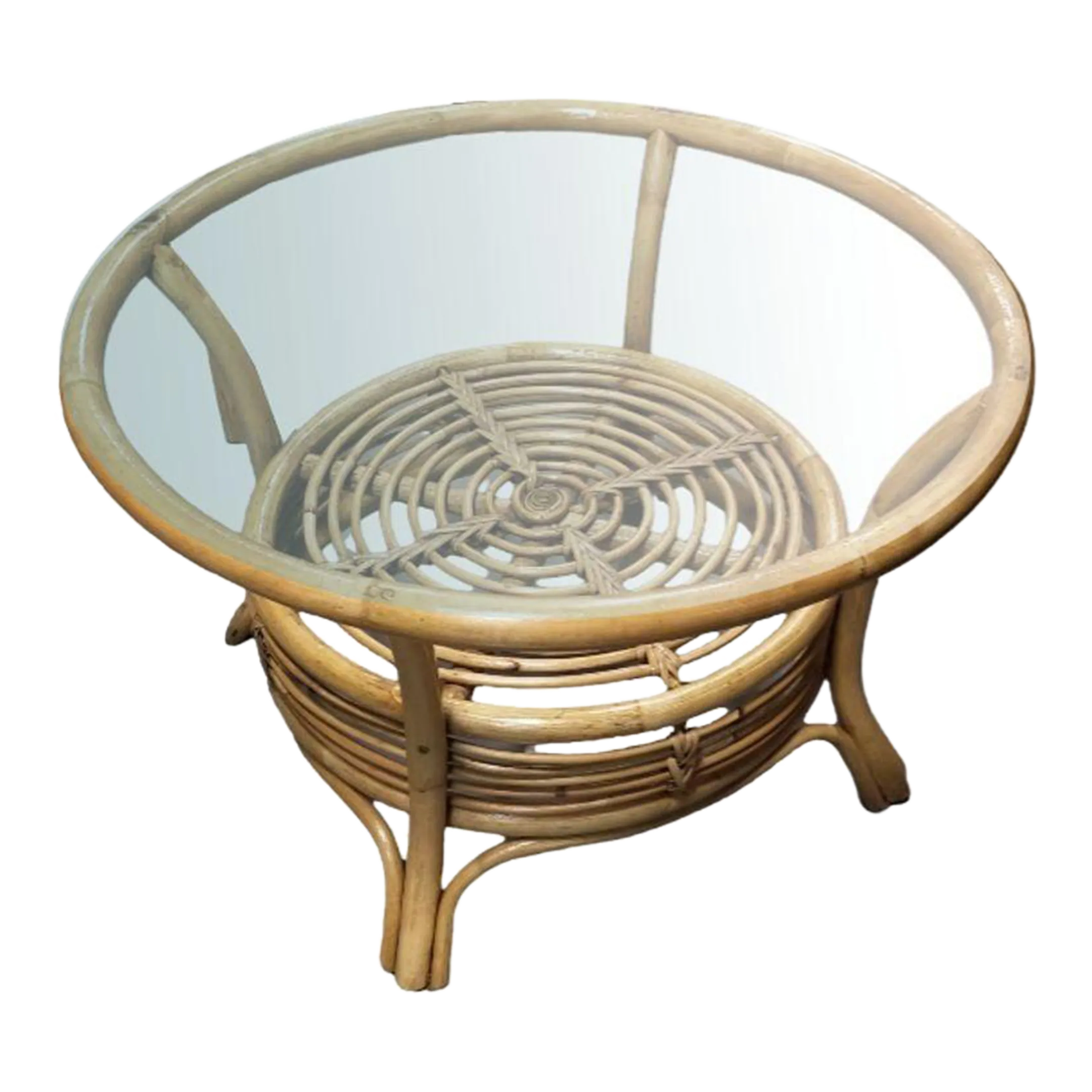 Restored Round Two-Tier Rattan Spiral Coffee Table With Glass Top